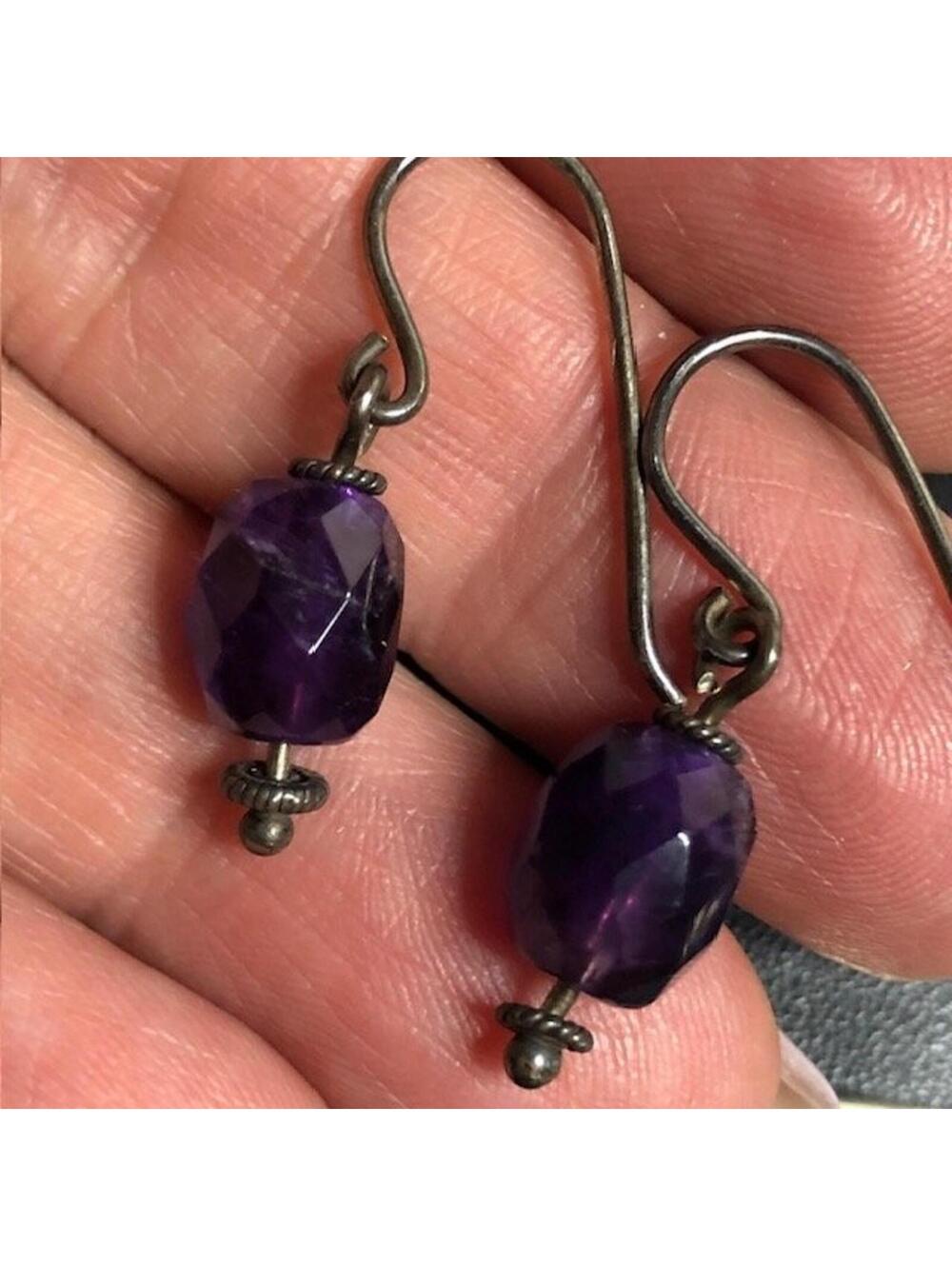 B1286 Amethyst Dangle Earrings Sterling 925 unmarked oxidized purple